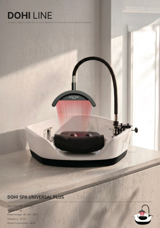 Dohi Line Dohi Spa Universal Plus automatic hair washing machine shown in a modern bathroom setting with a textured wall and window light.